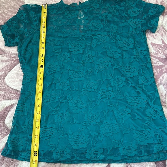 Torrid Teal Stretch Lace Crew Neck Puff Sleeve Top Size 00 - Picture 10 of 12